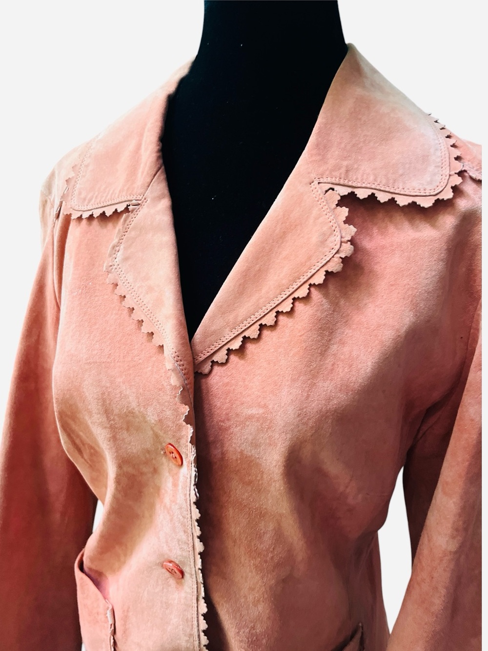 Karen Kane Vintage Pink Leather Jacket Scalloped Collar Satin Lined Size LP - Picture 2 of 7